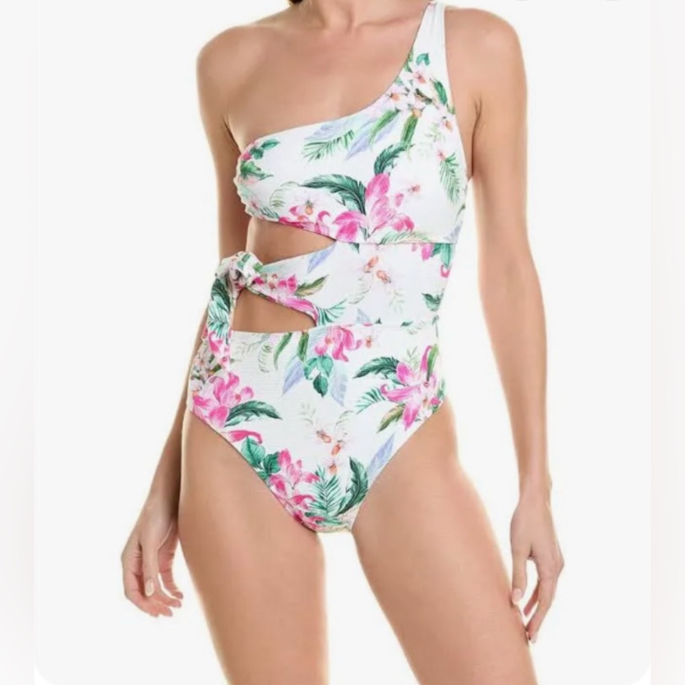 NWT La Blanca “Mystic Palms” One-shoulder Cut-out Waist Tie Swimsuit - 8